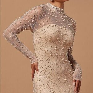 Billionaire Vibes Nude Beaded Mesh Dress